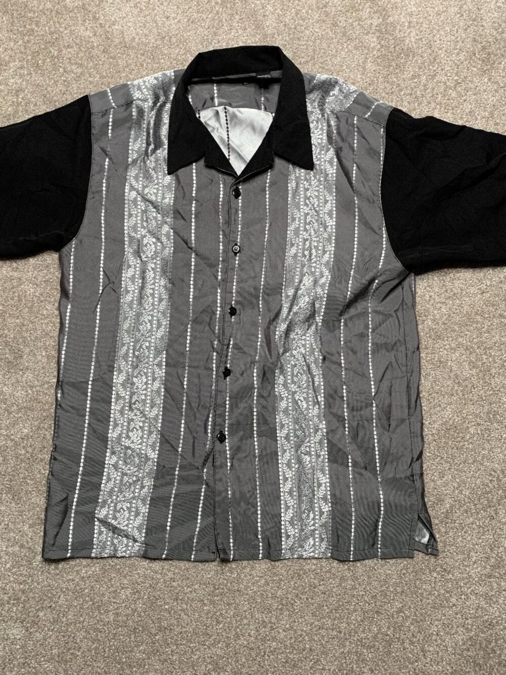 MONTIQUE Mens Gray-black Blue Striped Button Up Short Sleeve Leisure Shirt XL